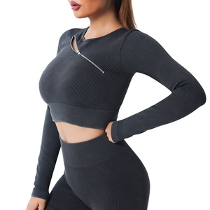2025 Logo personnalisé ensemble de vêtements de sport pour femmes Yoga à séchage rapide et hauts longs et courts avec fermeture éclair et bouton décor taille 6XL - Product Image 4