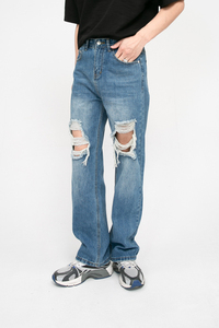 Jeans déchirés pour homme, coupe droite, délavage moyen, style décontracté, denim pour homme - Product Image 4