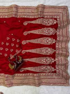 <b>Red</b> Satin <b>Saree</b> Set Mirror Work Ajrakh Motif Traditional Indian Wear for Wedding and Diwali - Product Image 3
