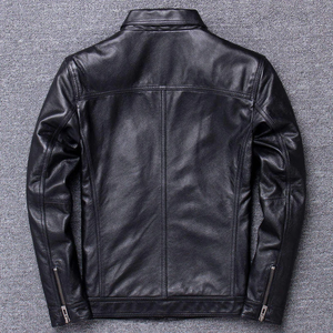 Chaqueta de cuero genuino negra para hombre con cuello de camisa y cuatro bolsillos utilitarios - Product Image 6