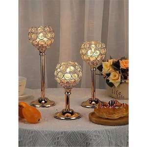 En gros Candelabre romantique en cristal doré, Porte-bougie en verre perlé en fer, Centre de table pour mariages, événements et repas - Product Image 1