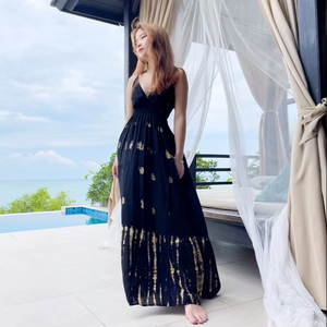 เดรสยาวผูกเอวสำหรับผู้หญิงขายส่งประจำฤดูร้อนปี 2026 ชุดเดรสยาวสำหรับวันหยุดฤดูร้อน ผ้าฝ้าย 100% ลายมัดย้อม เปิดหลัง - Product Image 1