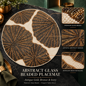 Set de table abstrait en verre perlé, or antique, bronze et ivoire |   Artisanat Moderne Artistique Perles Intricatement Ornées Résistantes à la Chaleur Fait Main - Product Image 5