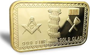 Pièce de monnaie maçonnique rectangulaire plaquée or .999 Fine avec motif des Piliers Foi Espoir Amitié, objet de collection artistique - Product Image 4