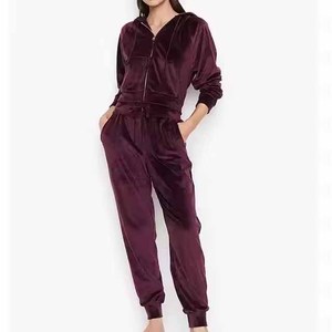 Survêtement à capuche en velours pour femme, manches longues, couleur unie, fermeture éclair personnalisée sur le devant, coupe ample, jogging décontracté avec poches latérales - Product Image 2