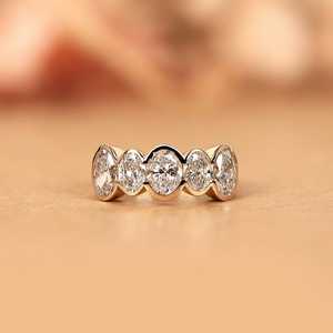 Luxury Oval Cut Diamond Bezel Set Five Stone Ring Lab Grown For Women's 14K Solid Gold Engagement Proposal Gift For Girlfriends - Product Image 1