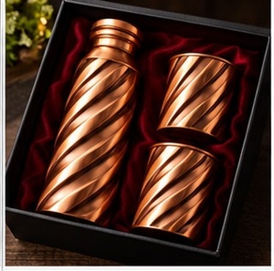 Traditional Modern Copper Water Bottle <b>Flask</b> Set with <b>2</b> Engraved <b>Cups</b> in Gift Box Tree Leaf Cutout Design - Product Image 4