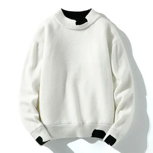 Pull col rond ajusté uni pour homme, printemps automne, décontracté, anti-boulochage, laine/acrylique, logo frontal - Product Image 3
