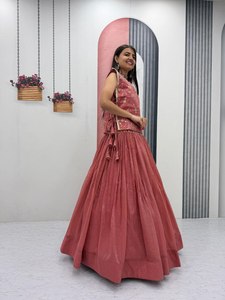 Pink Embroidered Silk Floor-Length Reversible Quick Dry Kurta <b>Lehenga</b> Set Sleeveless Choli Pleated <b>Skirt</b> for Wedding Diwali - Product Image 6