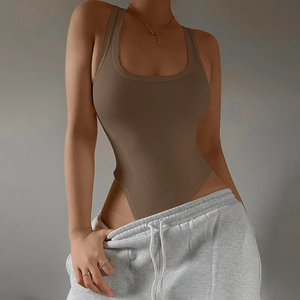 Body moulant noir en maille pour femme, col carré, sans manches, design ajouré, extensible, sans couture, couleur unie, coupe ample, tenue de sport - Product Image 3