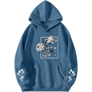 Sudadera con Capucha Azul con Estampado Floral, Unisex, de Algodón, Estilo Casual Urbano, con Bolsillo y Diseño de Texto Japonés - Product Image 5