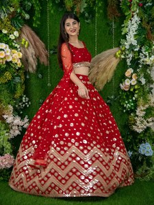 <b>Red</b> <b>Sequin</b> Embroidered Empire Waist A-Line Scoop Neck Solid Lehenga Choli Women Ethnic Dress Wedding Party Outfit - Product Image 2