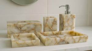 Natural Onyx <b>Bathroom</b> <b>Accessories</b> <b>Set</b> | Beige Resin Vanity Decor <b>Bathroom</b> <b>Accessories</b> <b>Set</b> Rectangle Luxury Four-Piece - Product Image 2