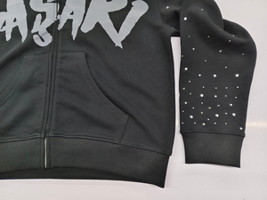 Custom Logo Printed Vintage Washed Hoodies <b>Zip</b> up Men Heavyweight Cotton Sunfaded Rhinestone Hoodie - Product Image 5