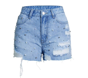 Denim shorts for women Beaded <b>Studded</b> Mid Waist Sexy Summer Casual Jeans Shorts - Product Image 1