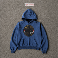 NOUVEAU SWEATSHIRT UNISEXE BLEU DÉCHIRÉ À CAPUQUE, IMPRIMÉ GRAPHIQUE, EFFET VINTAGE, DÉTAIL CROCHETÉ, MOTIF CERCLE ABSTRAIT, STYLE STREETWEAR