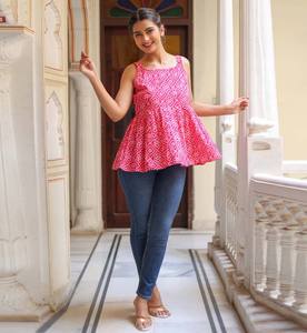 <b>Womens</b> <b>Pink</b> Rayon Bandhej Printed Regular Fit Sleeveless <b>Top</b> With Round Neck Designed For Global Casual Summer Everyday Wear - Product Image 1