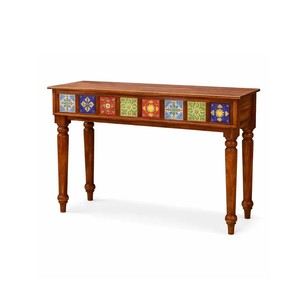 Traditional Solid Wood <b>Console</b> <b>Table</b> | Vintage Turned Leg Wooden <b>Console</b> <b>Table</b> | Hand Painted Tile Accent Entry <b>Table</b> - Product Image 5