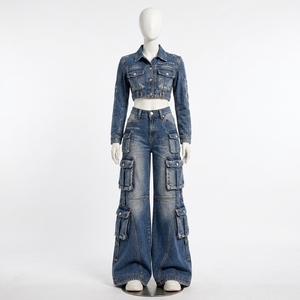<b>Womens</b> Blue Denim Two Piece Set Cropped Jacket Multi Pocket <b>Baggy</b> Cargo <b>Jeans</b> Custom OEM ODM Wholesale Clothing Manufacturer - Product Image 3