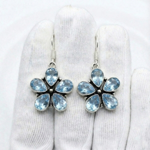 Pendientes de plata fina hechos a mano con engaste de bisel, topacio azul, diseño floral, plata 925 maciza, para mujer - Product Image 2