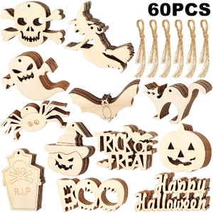 Ornements d'Halloween en bois découpés au laser en gros, tranches de bois brut pour artisanat fantôme, décorations à suspendre pour arbre de fête d'Halloween - Product Image 3