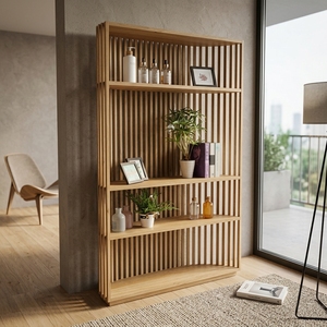 <b>Solid</b> <b>Wood</b> Living Room Cabinets Mid Century Modern Slatted <b>Bookcase</b> Tall Storage Credenza Multi Tier Room Divider Display Cabine - Product Image 4