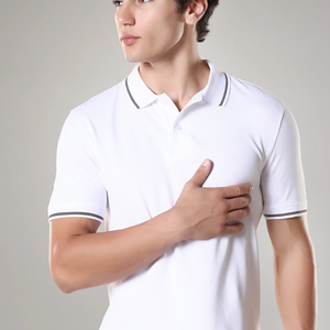 Polo pour homme 100 % coton, anti-plis, résistant aux taches, coupe courte, motif uni, tissu tricoté brodé - Product Image 2