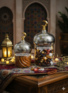 โถแก้วเก็บของทำมือสุดฮิตปี 2026 ดีไซน์สวยงามสำหรับตกแต่งโต๊ะในเดือนรอมฎอน รุ่นใหม่พร้อมฝาทรงมินาเร็ตและเหยือกสำหรับเทศกาลอีด - Product Image 5