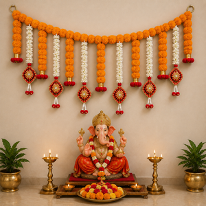 Orange Marigold Toran with White Floral Strings and Ganesha Idol Decorative Puja Backdrop for Festival <b>Home</b> Entrance Decor - Product Image 2