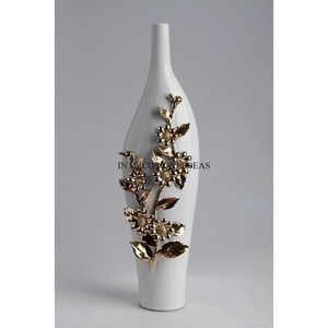 Best Seller Stainless Steel Silver <b>Polished</b> With Gold Plated Leaf Branch Designer Base Table Centerpiece Decorative Flower Vase - Product Image 2