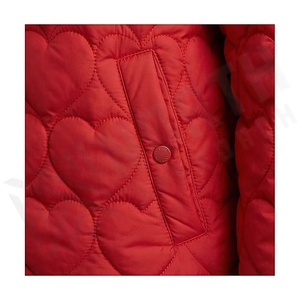 Red Quilted Heart Pattern Jacket Full Sleeve O-Neck Button Closure Women's Autumn Wear - Product Image 5