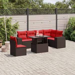 Set di divani da giardino in polyrattan marrone da 7 pezzi con cuscini, mobili da giardino - Product Image 1
