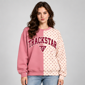 Women's Rose <b>Pink</b> and Ivory Split Color Polka Dot Varsity Crewneck <b>Sweatshirt</b> Long Sleeve Ribbed Cuffs Pullover Wholesale - Product Image 1