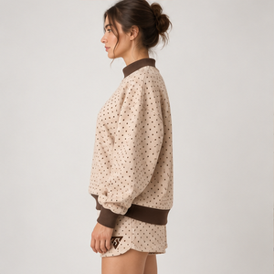 Women's Beige Allover Microdot Mock Neck 2-Piece <b>Shorts</b> <b>Set</b> Custom Casual Sportswear - Product Image 4