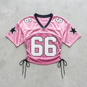 Classic Pink <b>Mesh</b> Side Lace Up Jersey Trend women's shirt Short Sleeve Streetwear Custom Number Print <b>Cropped</b> <b>Top</b> Football Style - Product Image 2