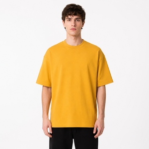 Men's Oversized Yellow Cotton <b>T</b>-<b>Shirt</b> O-Neck Short Sleeve Casual Solid Color Breathable Jersey Fit - Product Image 3