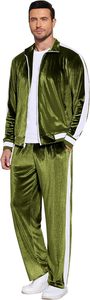 Men's Green Velvet Tracksuit Full <b>Zip</b> <b>Jogger</b> Set Casual Sportswear Regular Fit Polyester Material Solid Color Side <b>Pockets</b> - Product Image 6