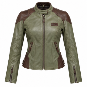 <b>Womens</b> Green <b>Brown</b> <b>Leather</b> <b>Jacket</b> Contrast Patchwork Stand Collar Biker Coat Zip Outerwear Slim Fit Custom <b>Women</b> Riding Apparel - Product Image 1