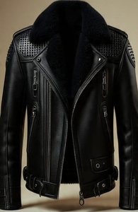 Blouson en cuir pour homme avec col en fausse fourrure et fermeture éclair - Product Image 4