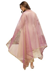 Kurta en soie beige brodée pour femmes avec pantalon et châle assortis, tenue décontractée traditionnelle indienne pakistanaise, printemps été - Product Image 5