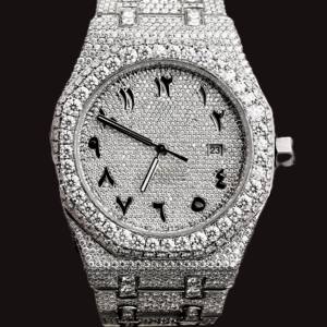 DiaDream Gems & Jewel Fashion Hip Hop Man's 41mm Round <b>Arabic</b> Numerals Dial Moissanite Diamond Quartz Movement Silver Band <b>Watch</b> - Product Image 3