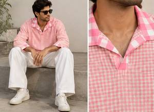 <b>Men's</b> <b>Pink</b> Gingham Check Casual <b>Shirt</b> Full Sleeve Turn-down Collar Breathable 100% Cotton Summer Hand Drawn Woven Fabric - Product Image 3
