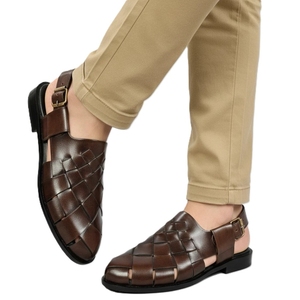 Men's Genuine Leather <b>Flat</b> <b>Sandals</b> Open Toe Buckle Strap Geometric Pattern Casual Summer Style Rubber Outsole EVA Midsole - Product Image 2