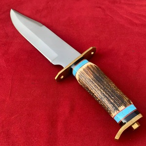 Cuchillo de Caza de Hoja Fija de Acero de Damasco con Punta Biselada, Mango de Cuerno de Ciervo y Funda de Cuero, 14 Pulgadas de Longitud Total - Product Image 5