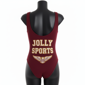 Traje de baño para mujer, 220 GSM, poliéster y spandex, color borgoña, de una pieza, con parche de chenilla bordado, logotipo personalizado. - Product Image 6