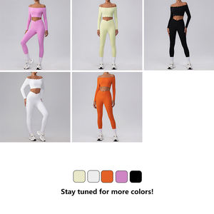 Ensemble de sport 2 pièces pour femme : Legging de yoga taille haute à taille élastique et haut court épaules dénudées, avec ourlet festonné, style simple - Product Image 4