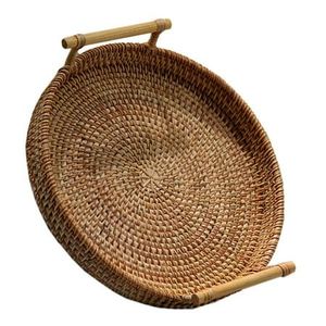 Handmade Woven Plant Fiber Round Decorative Tray With Bamboo Handles Rustic Style Craft For <b>Home</b> Decoration - Product Image 2