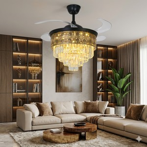 Invisible Blade <b>Ceiling</b> Fan Luxury Gold <b>Crystal</b> Chandelier <b>LED</b> Remote Control Hanging <b>Light</b> for Modern Home Dining Room - Product Image 2