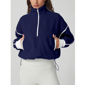 2026 Trending <b>Women's</b> <b>Navy</b> Fleece Half-Zip Crop Sweatshirt Stand Collar Drop-Shoulder Full Sleeve Autumn Casual Wear ODM OEM - Product Image 1