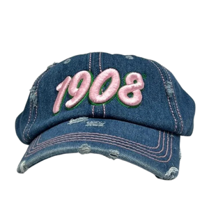 1908 Distressed Denim <b>Hat</b> Blue Embroidered Letter Baseball <b>Cap</b> Washed Vintage Style Adjustable Cotton Headwear Casual Fashion - Product Image 1
